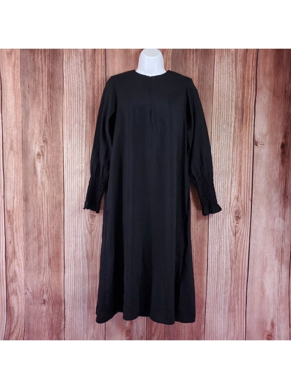 COS Womens Size 2 A-Line Black Midi Dress Smocked Shirred Cuff Long Sleeve